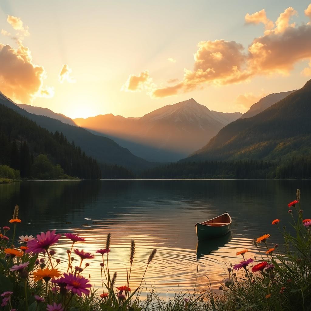 A serene landscape featuring a tranquil lake surrounded by majestic mountains and lush forests