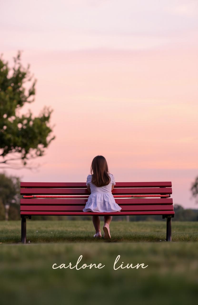 A girl sitting alone on a park bench, with a serene sunset sky behind her