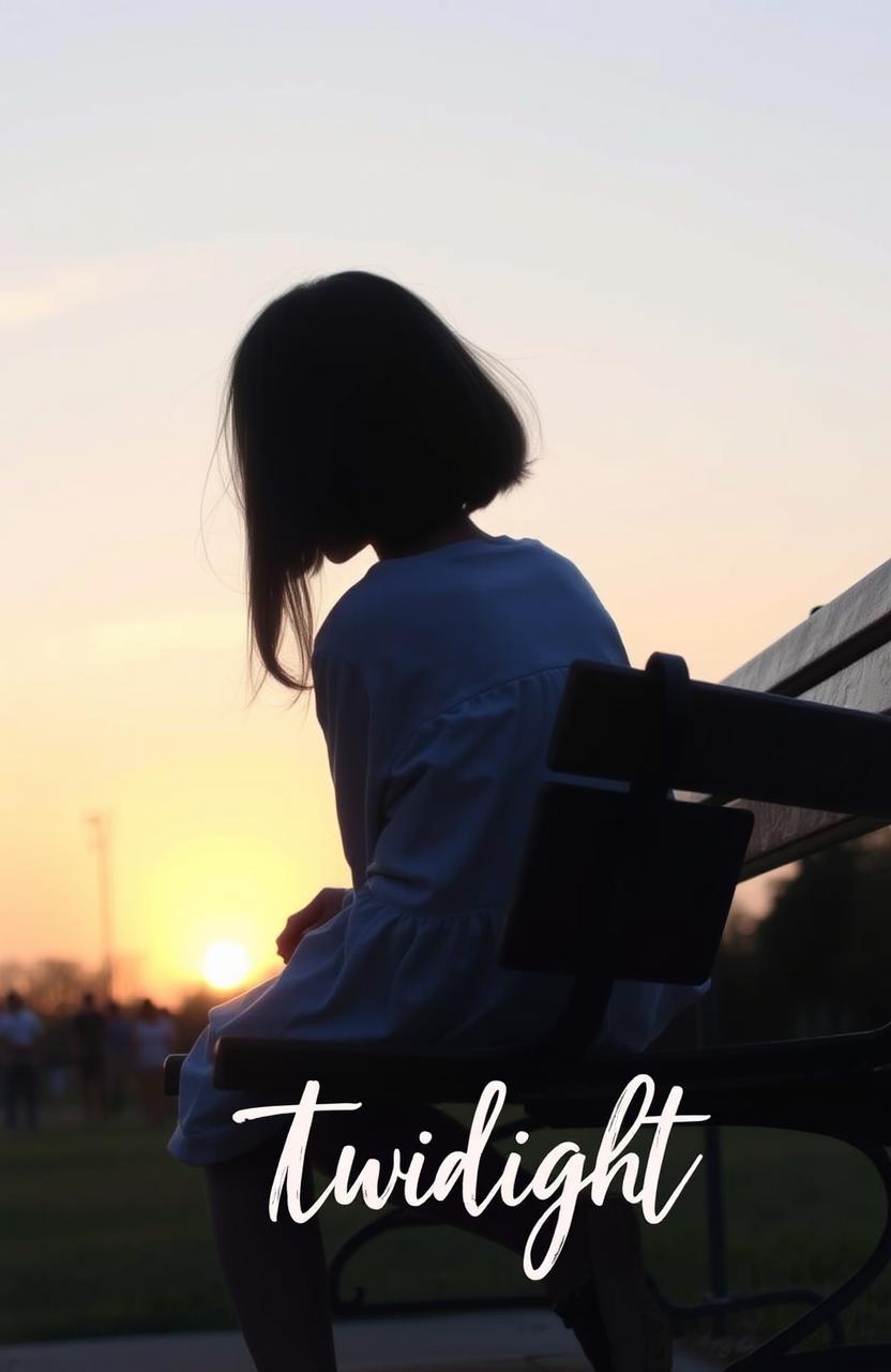 A girl sitting alone on a park bench during sunset, with a soft pastel color palette featuring dominant tones of peach, light purple, and soft blue in the sky