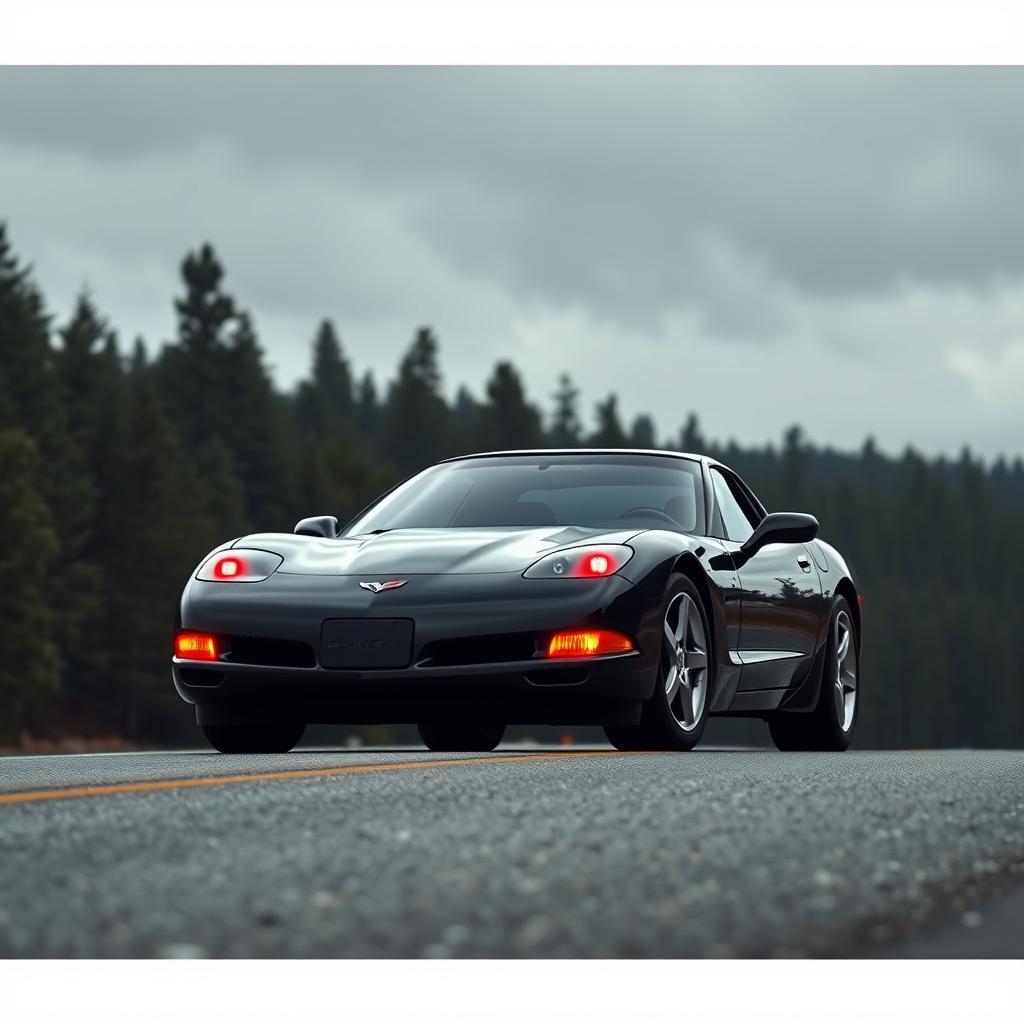 A super realistic 4K image featuring a black Chevrolet Corvette C5 with red headlights, standing on an American road