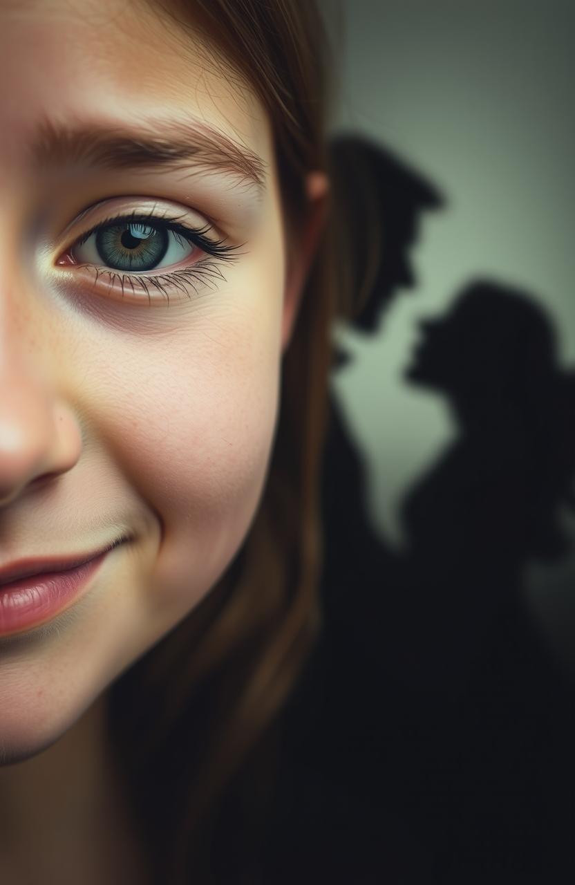 A close-up of a girl's face with a small smile, but her eyes carry a hint of sadness