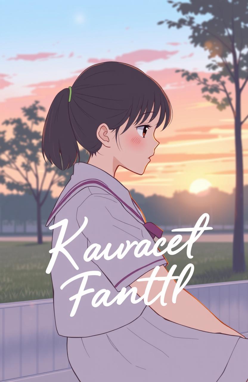 A girl in a school uniform sitting alone on a park bench, with a sunset sky in the background