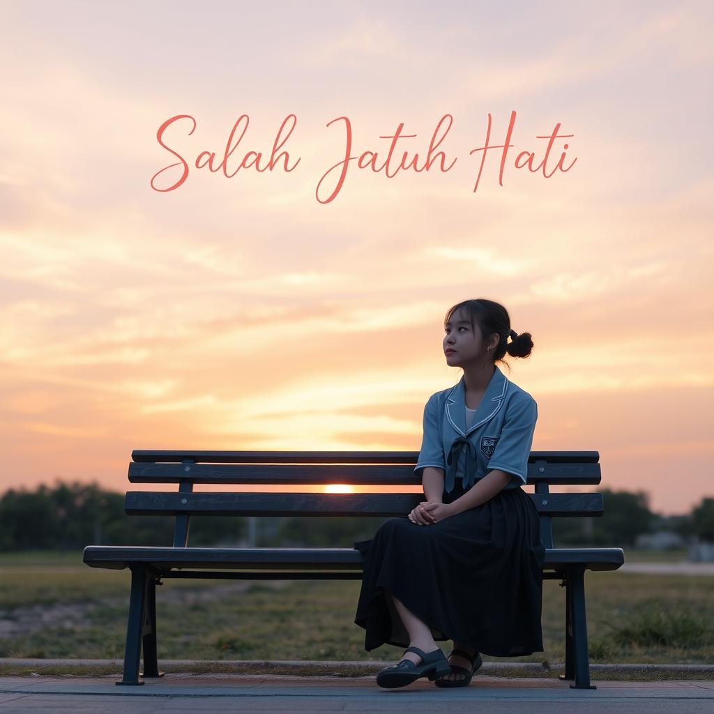 An 18-year-old girl wearing a school uniform sits alone on a park bench during sunset, with a beautiful sky filled with soft pastel peach, light purple, and soft blue colors in the background