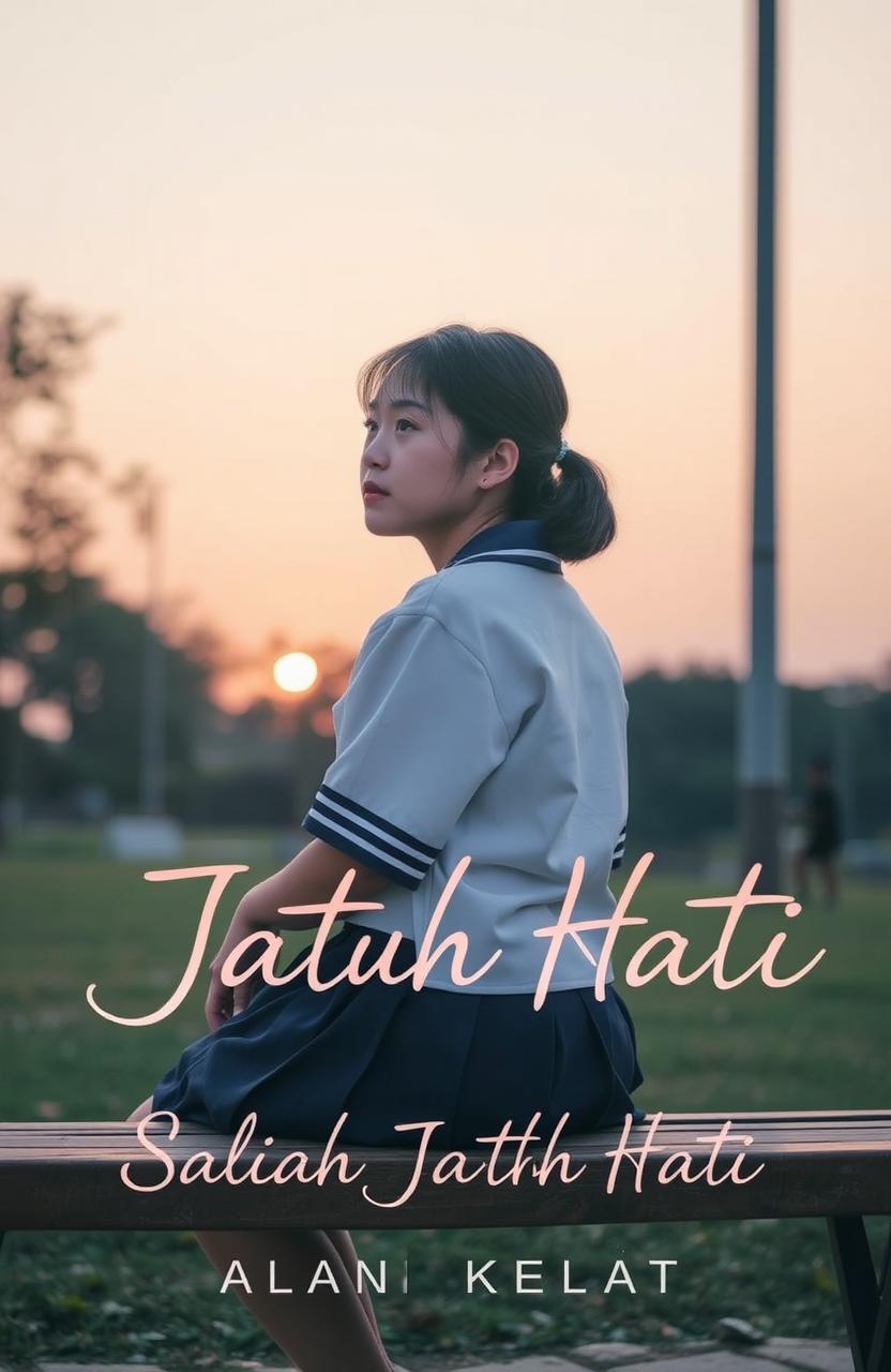 An 18-year-old girl wearing a school uniform sitting alone on a bench in a park during sunset