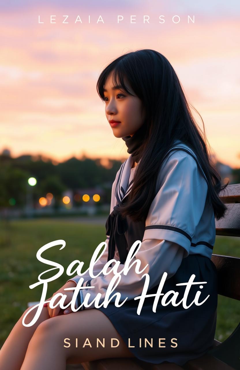 A young woman around 18 years old in a school uniform, sitting alone on a bench in a park during sunset