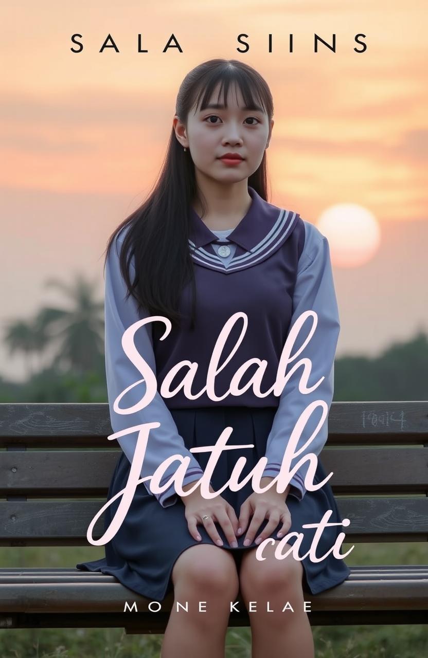 An 18-year-old girl wearing a school uniform, sitting alone on a park bench with a sunset sky behind her