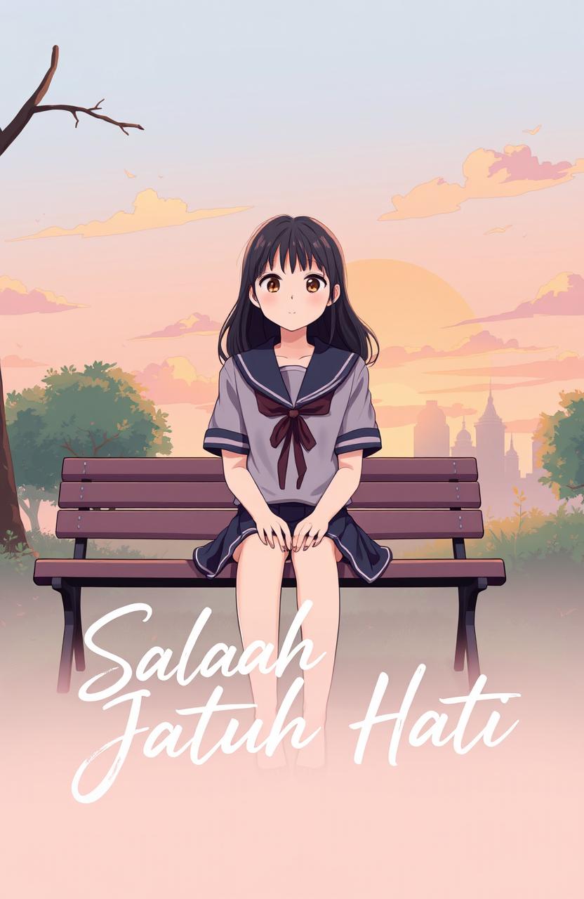An anime-style illustration of an 18-year-old girl wearing a school uniform, sitting alone on a bench in a park with a sunset sky behind her