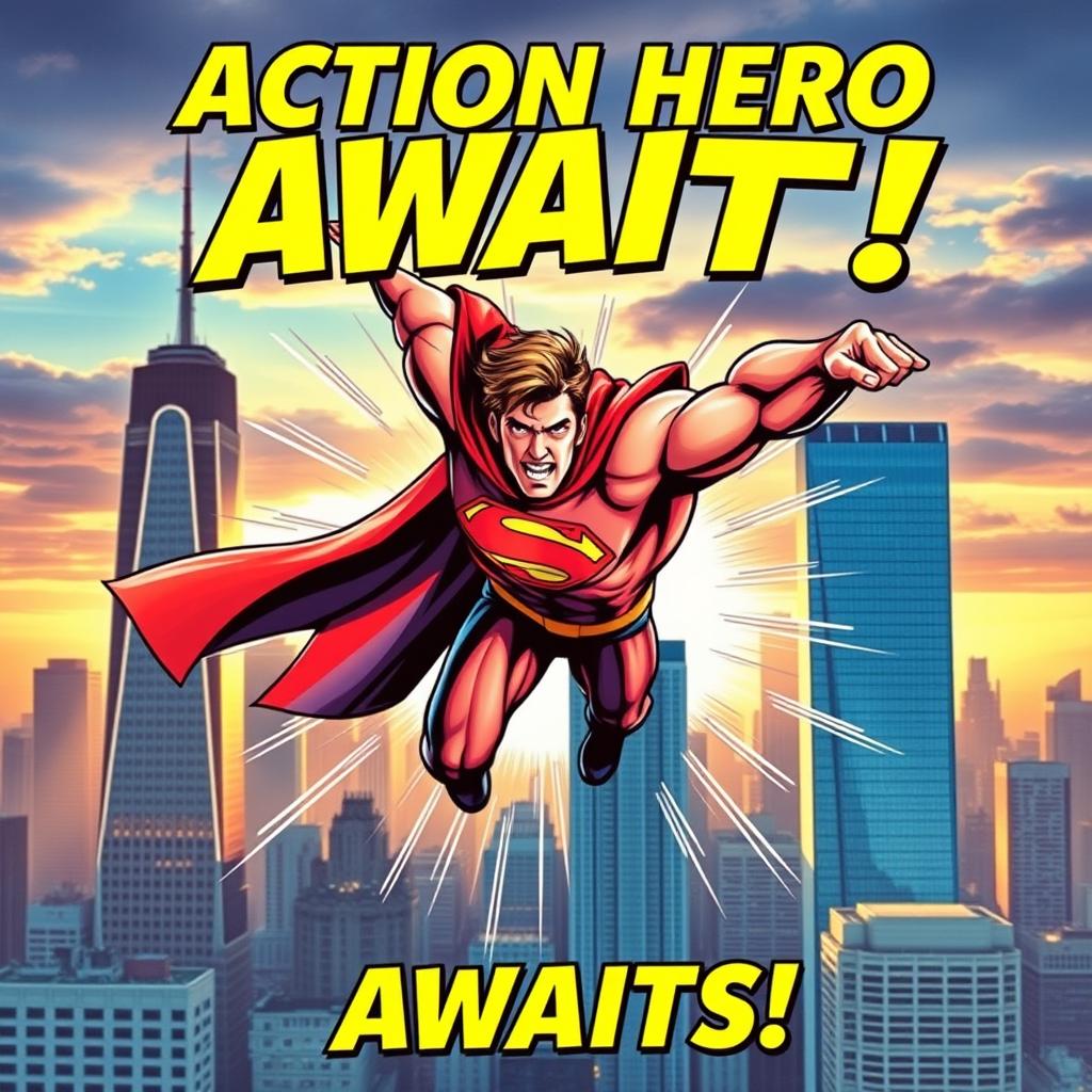 A dynamic comic book cover featuring a heroic superhero in action