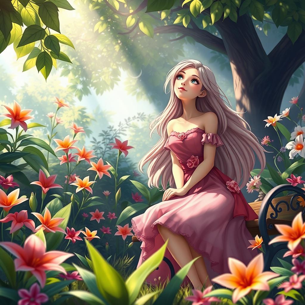 A beautiful fantasy scene featuring a strong and graceful female character with long, flowing hair, dressed in a pink dress with floral accents, sitting on a bench in a vibrant garden filled with exotic flowers and lush greenery