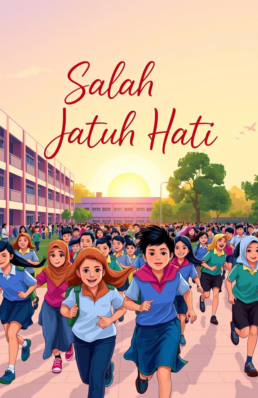A vibrant morning scene at a school, filled with energetic students running around, their excitement palpable as they head to classes