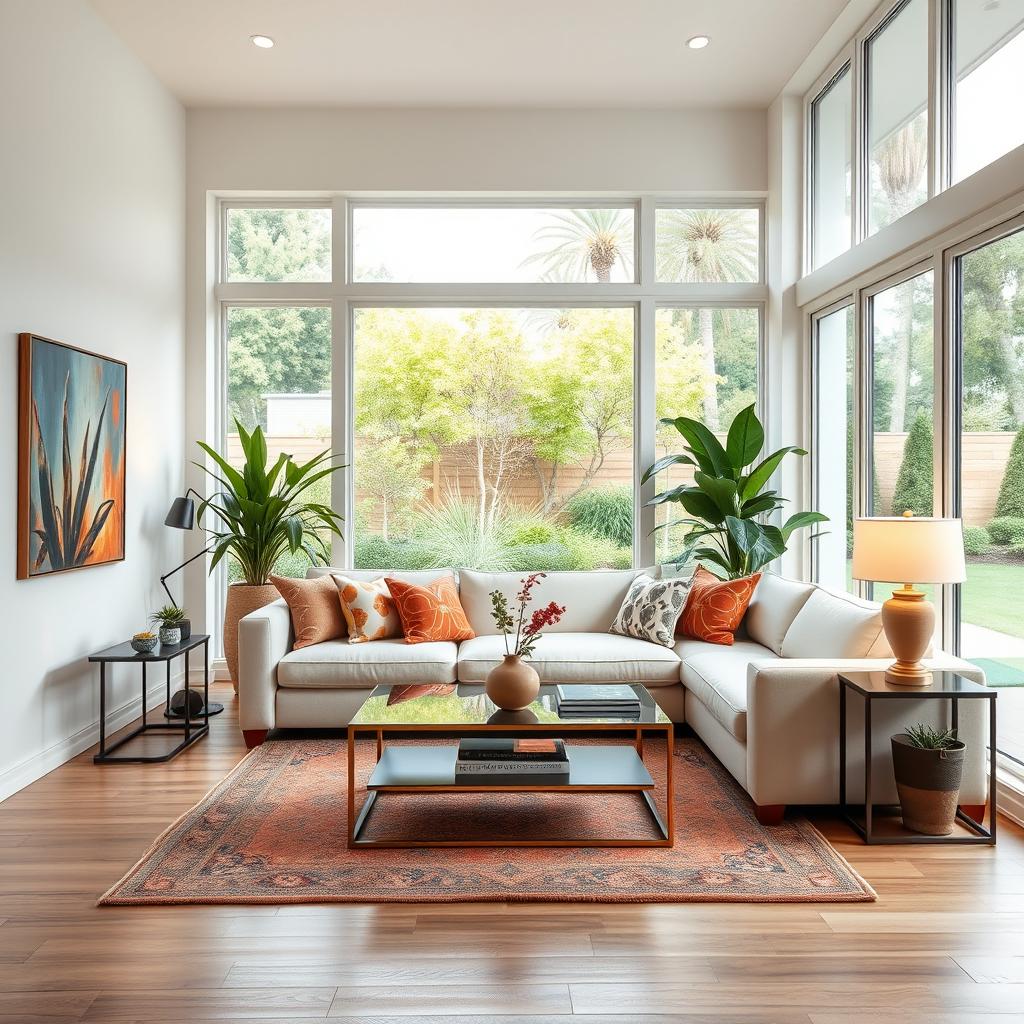 A beautifully designed living room featuring a cozy sofa, elegant coffee table, and stylish side tables