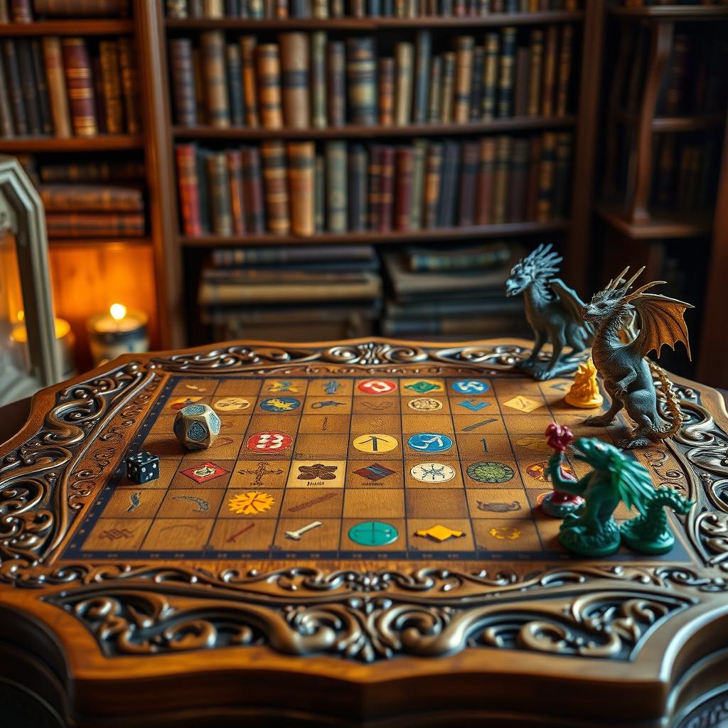 A beautifully designed game board featuring a rich wooden texture with intricate carvings on the edges