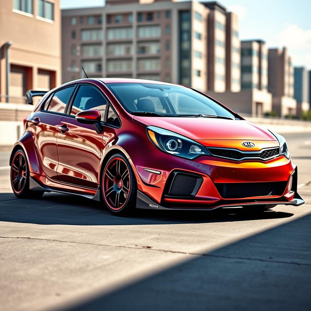 A dramatic and aggressive wide-body kit for a 2014 Kia Rio, showcasing sleek, bold lines and aerodynamic enhancements