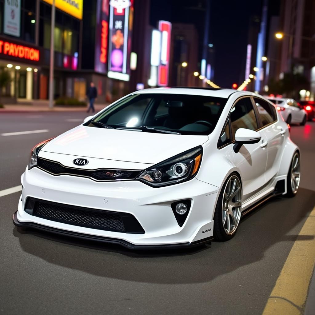 A sleek and aggressive-looking 2014 Kia Rio featuring a wide body kit, painted in a striking white color