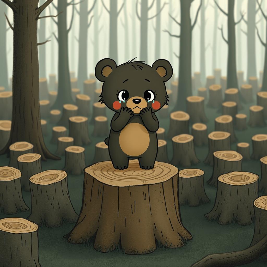 A cute little bear standing on a chopped tree stump, crying with big expressive eyes