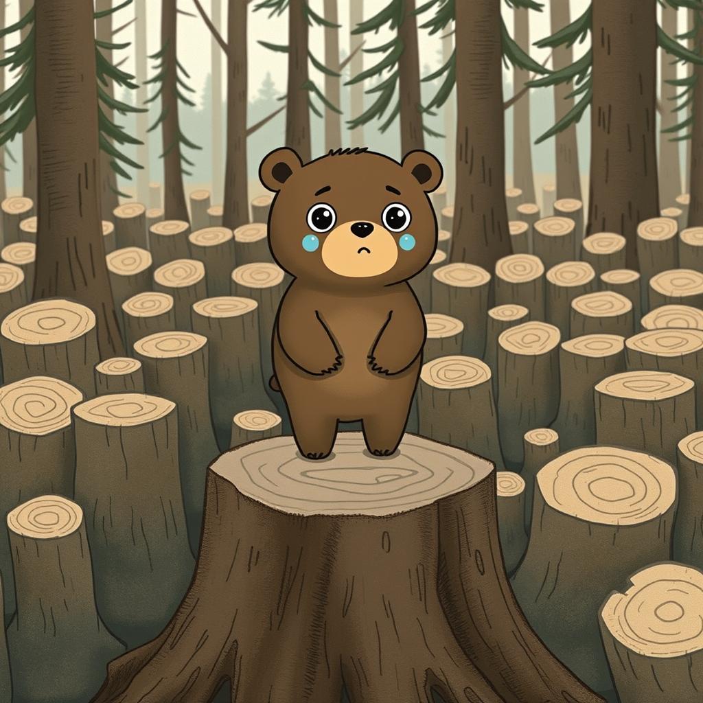 A cute brown bear standing on a chopped tree stump, crying with big expressive eyes