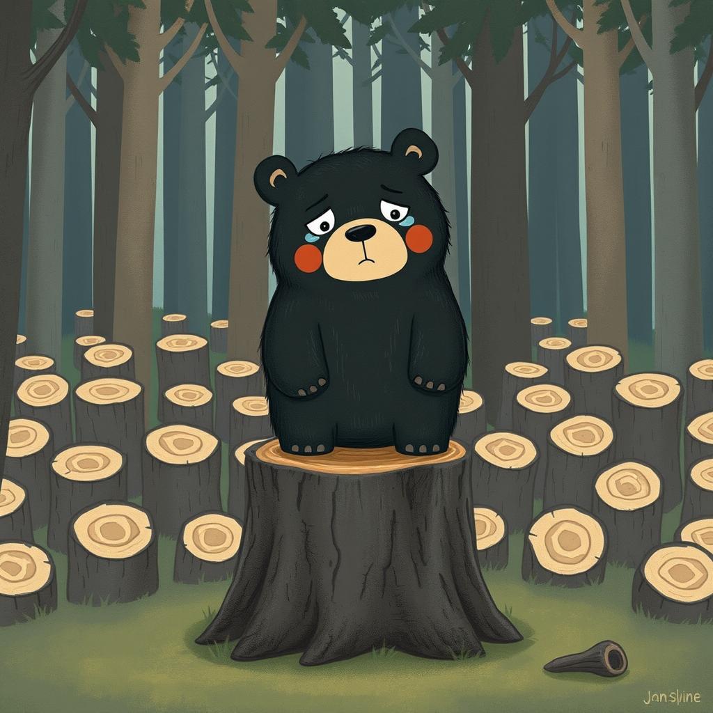 A bear standing on a chopped tree stump, crying with expressive eyes