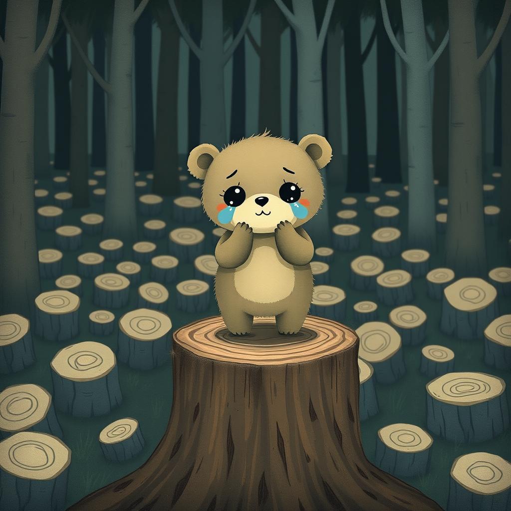 A cute little bear standing on a chopped tree stump, crying with big, expressive eyes