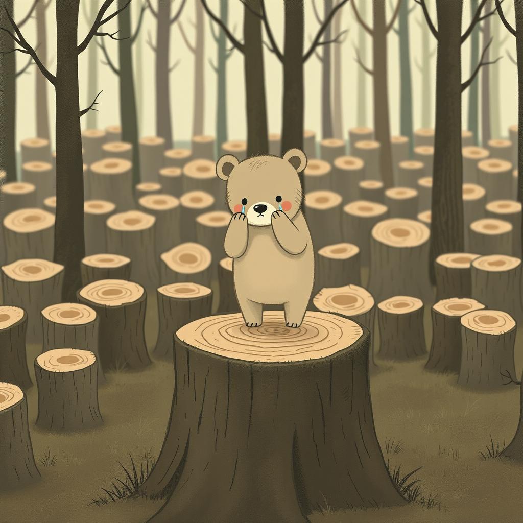 A cute little bear standing on a chopped tree stump, crying