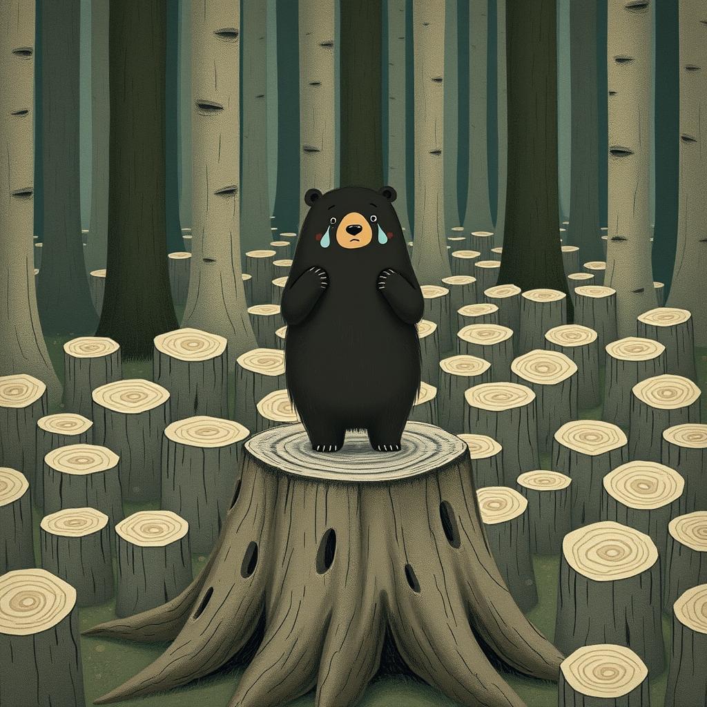 A bear standing on a chopped tree stump, crying with expressive eyes