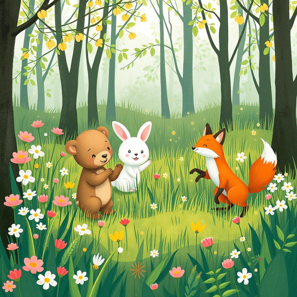 In a vibrant spring forest, a cute little bear, a fluffy white rabbit, and a playful little fox are joyfully playing together among blooming flowers and green grass