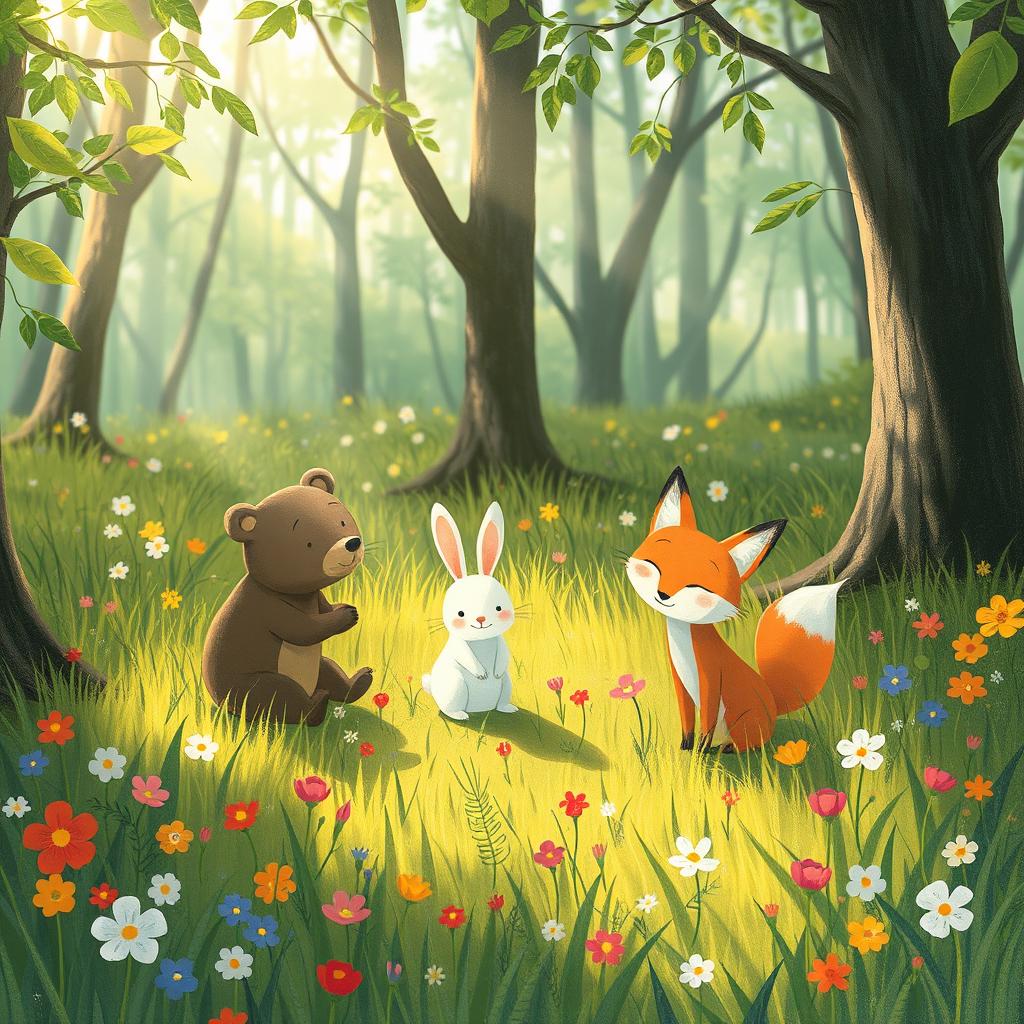 In a lively spring forest, a small bear, a cute white rabbit, and an adorable little fox are joyfully playing together amidst the vibrant greenery