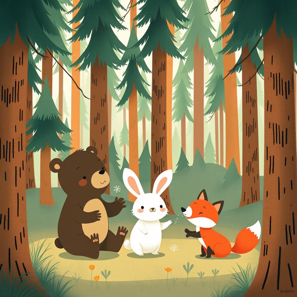 A cute little bear, a fluffy white rabbit, and a playful little fox are having fun together in a lively forest filled with numerous tall trees