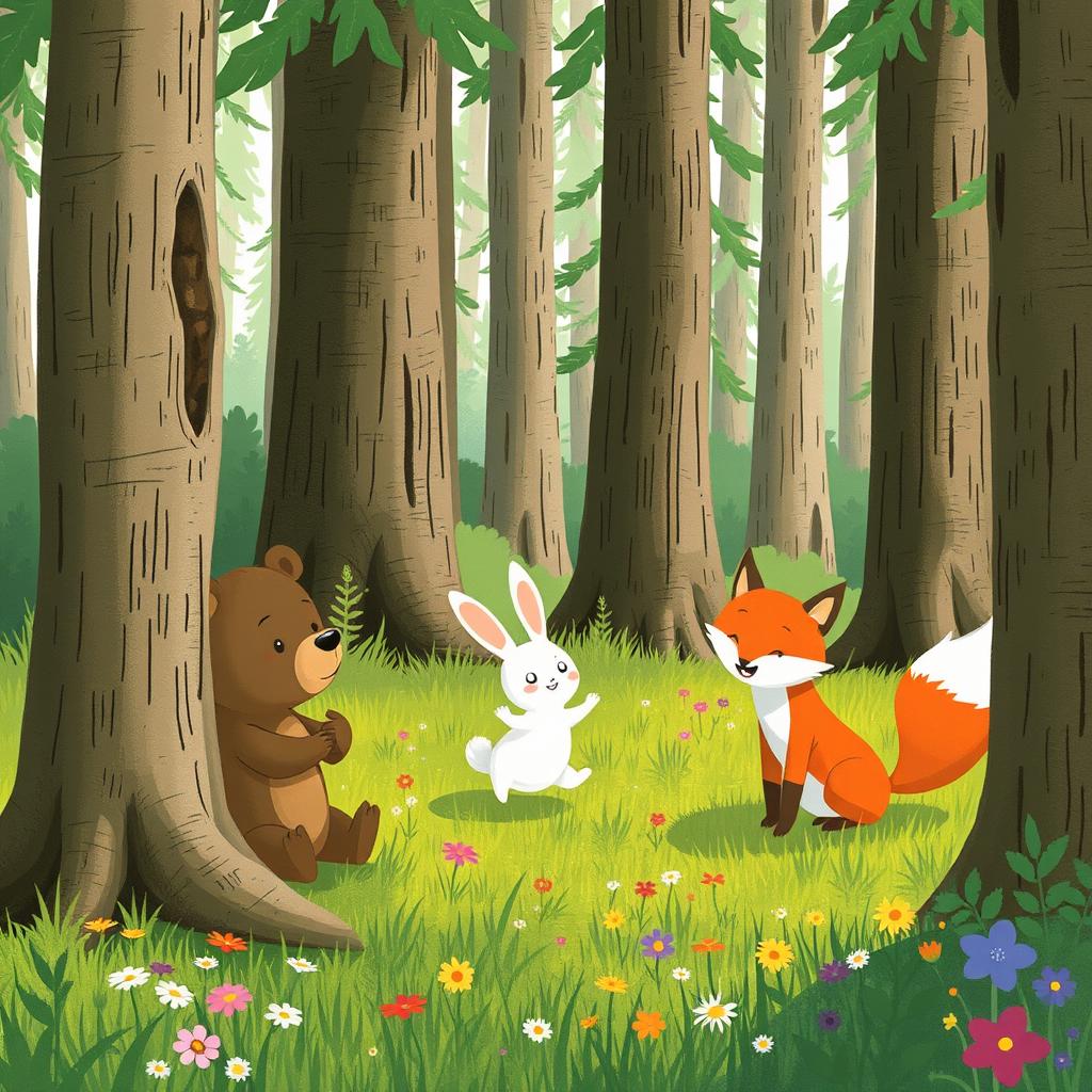 In a lively forest, a small bear, a cute white rabbit, and an adorable little fox are playfully engaging in fun activities among the tall trees