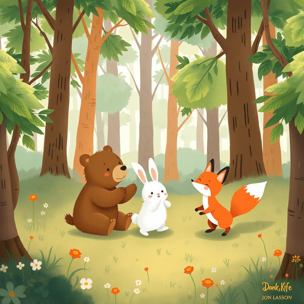 A delightful scene of a little bear, a fluffy white rabbit, and a playful little fox enjoying a fun day in a lush forest filled with abundant trees