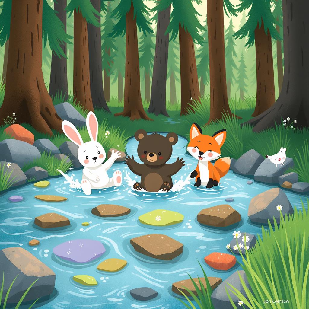 In a vibrant forest setting, a small bear, a cute white rabbit, and an adorable little fox are happily playing in the clear, sparkling creek