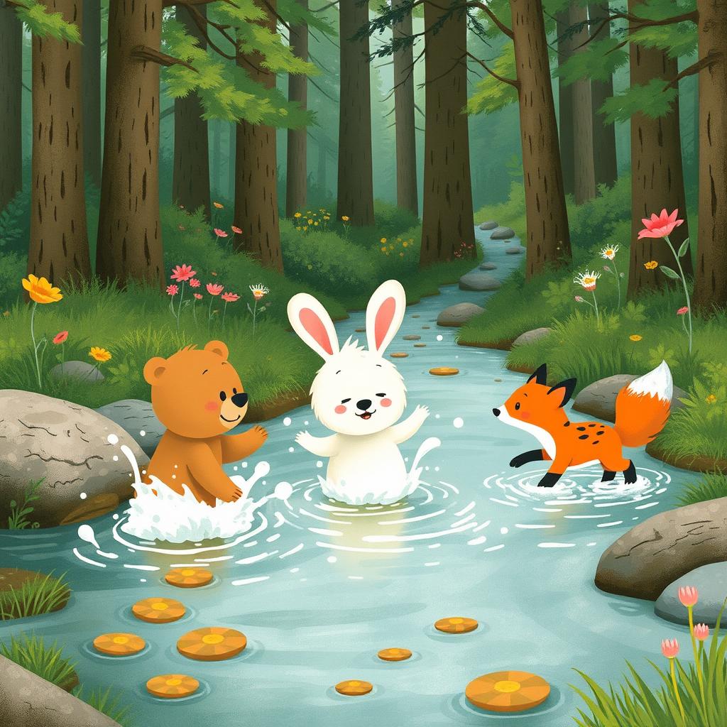 A charming scene featuring a little bear, a fluffy white rabbit, and a playful little fox splashing and having fun in the clear water of a stream in the forest