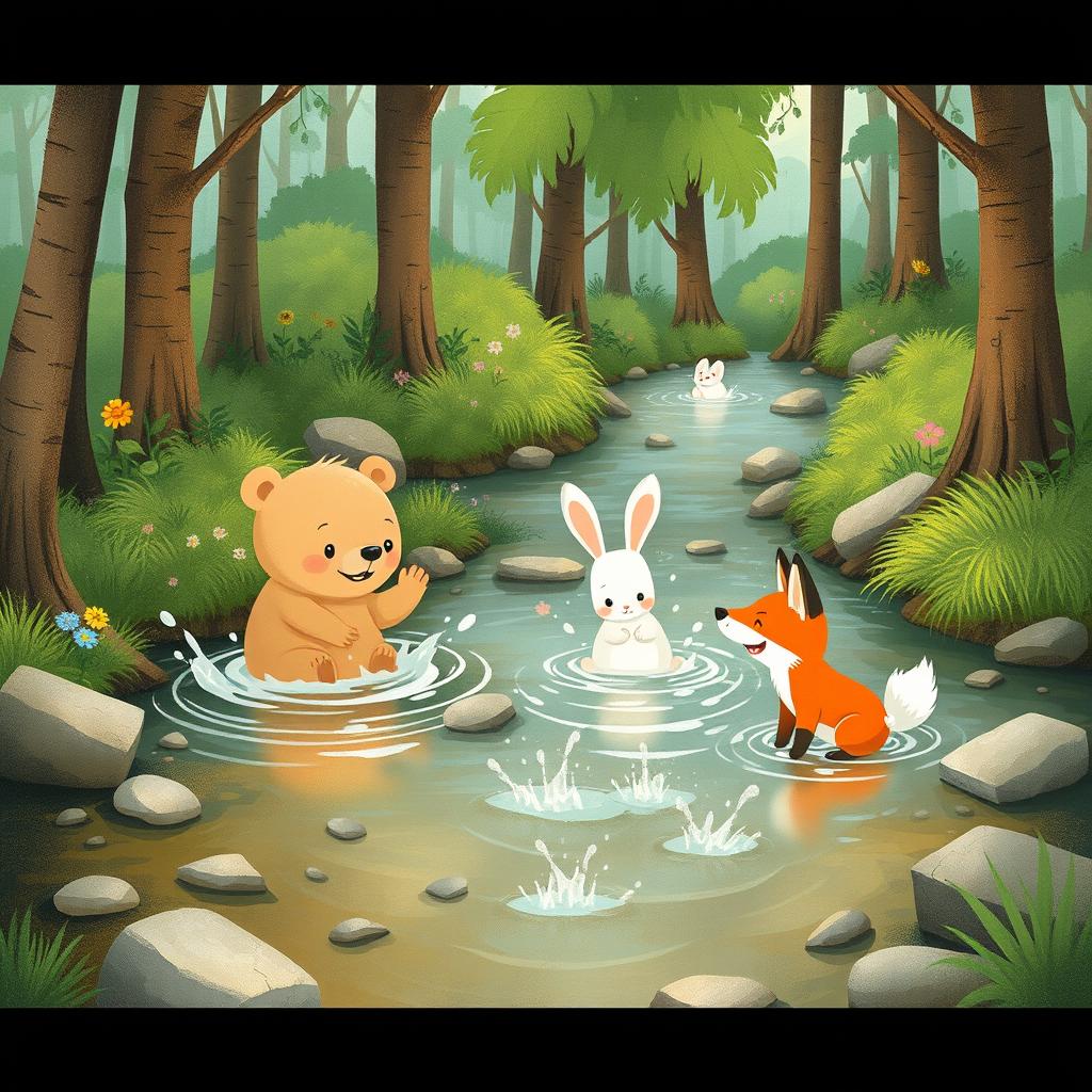 A whimsical scene of a little bear, a fluffy white rabbit, and a playful little fox joyfully splashing in the clear water of a stream within a lush forest