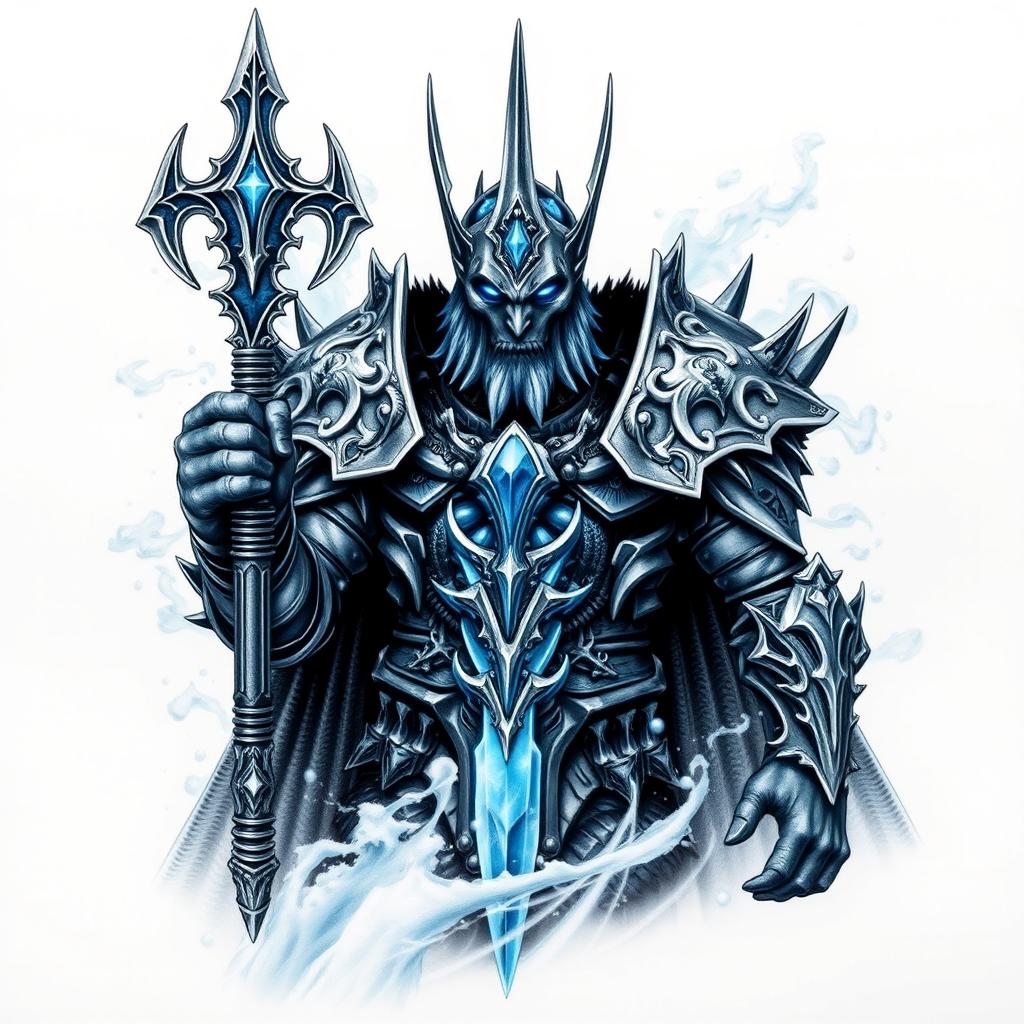 A striking tattoo design of the Lich King from World of Warcraft, showcasing his iconic armor with a dark, menacing presence