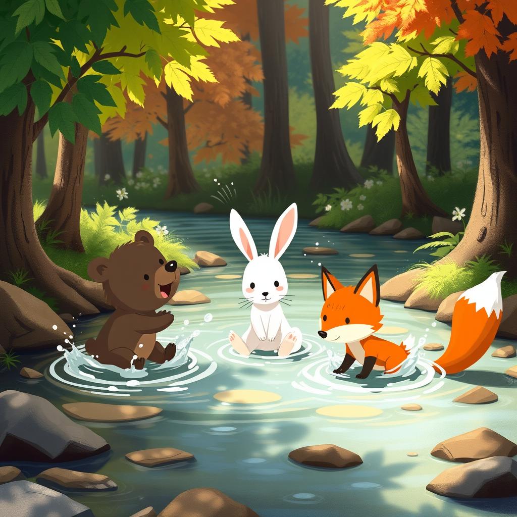 In a charming forest setting, a small bear, a cute white rabbit, and an adorable little fox are playfully splashing around in a clear, sparkling creek