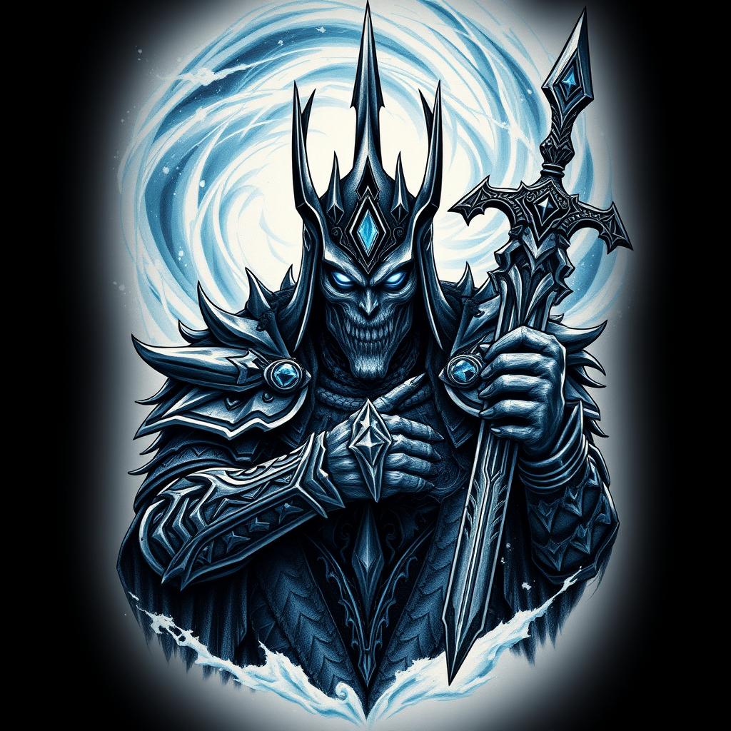 A captivating tattoo design of the Lich King from World of Warcraft, depicting his fearsome silhouette clad in intricate dark armor