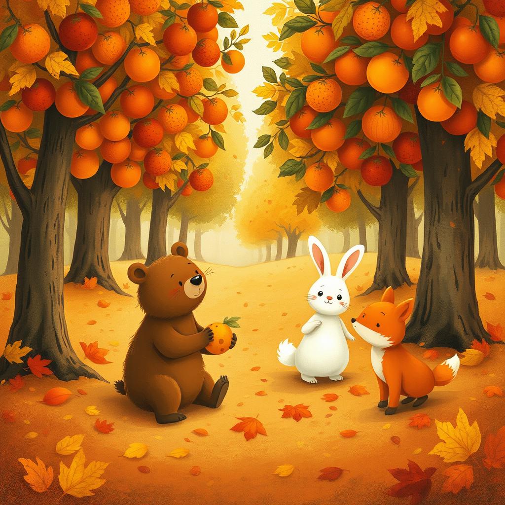 An enchanting autumn scene featuring a little bear, a fluffy white rabbit, and a playful little fox joyfully picking fruit beneath the vibrant fruit trees in a forest