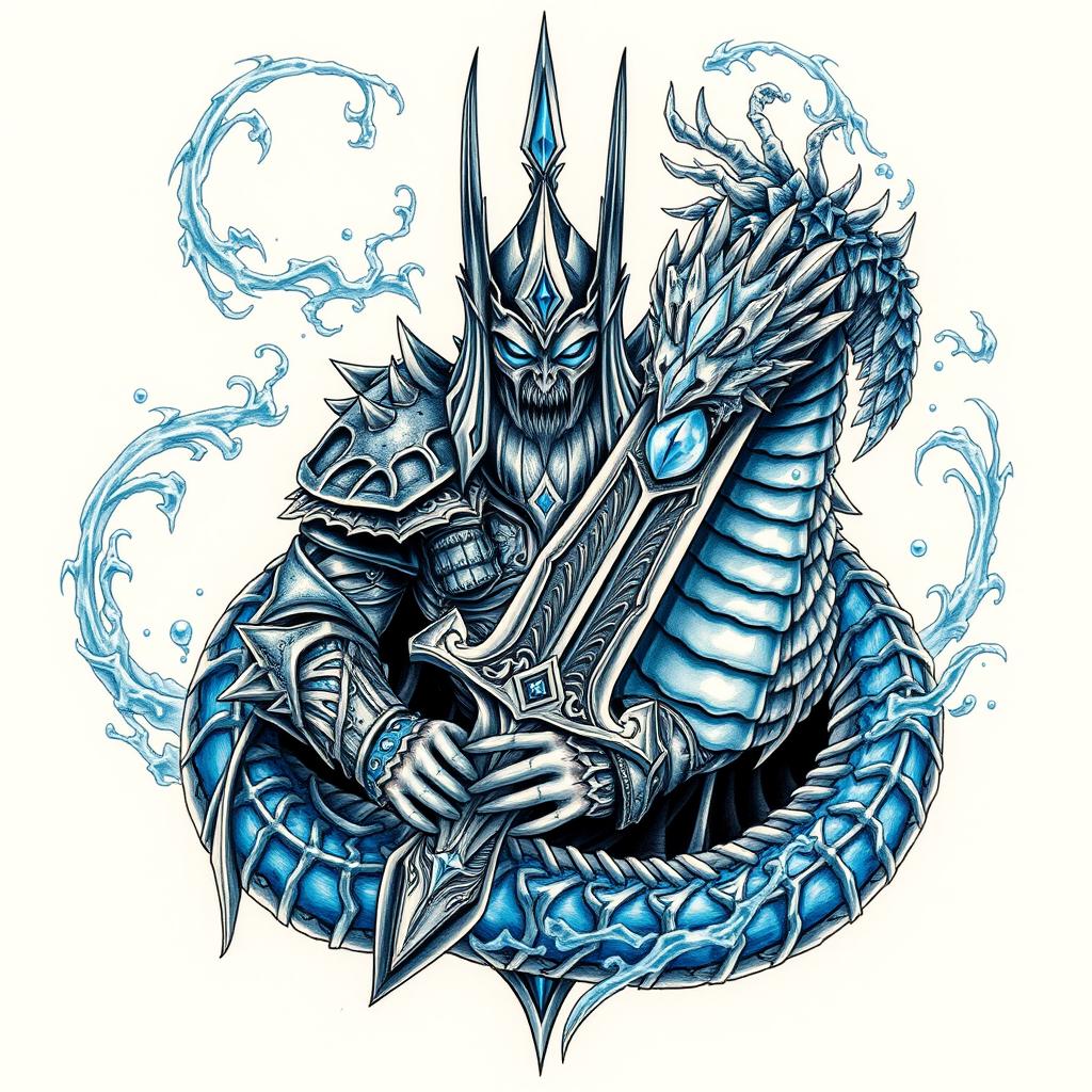 An intricate tattoo design featuring the Lich King alongside Sindragosa from World of Warcraft