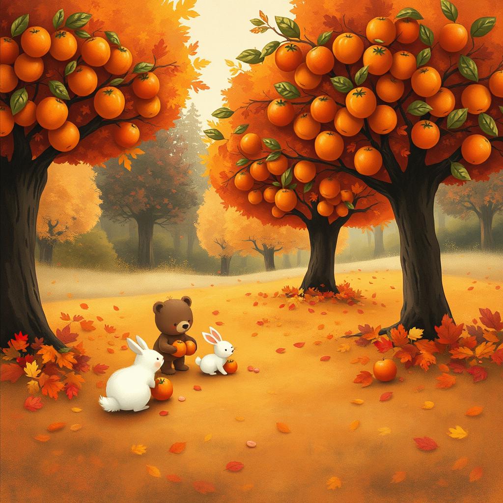 An enchanting autumn scene depicting a little bear, a fluffy white rabbit, and a playful little fox gathering fruit beneath several vibrant fruit trees in a cozy forest