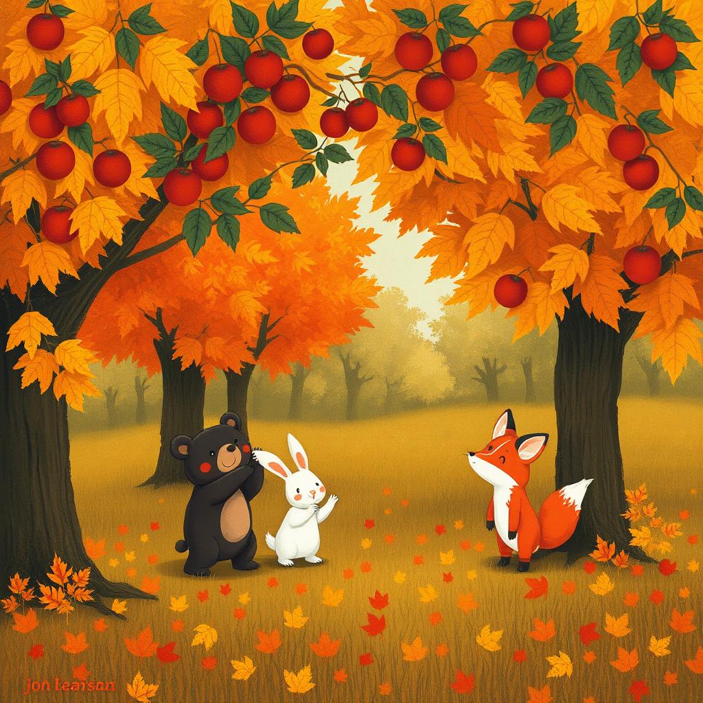 In a picturesque autumn forest, a small bear, a cute white rabbit, and a charming little fox are joyfully picking fruits beneath several vibrant fruit trees