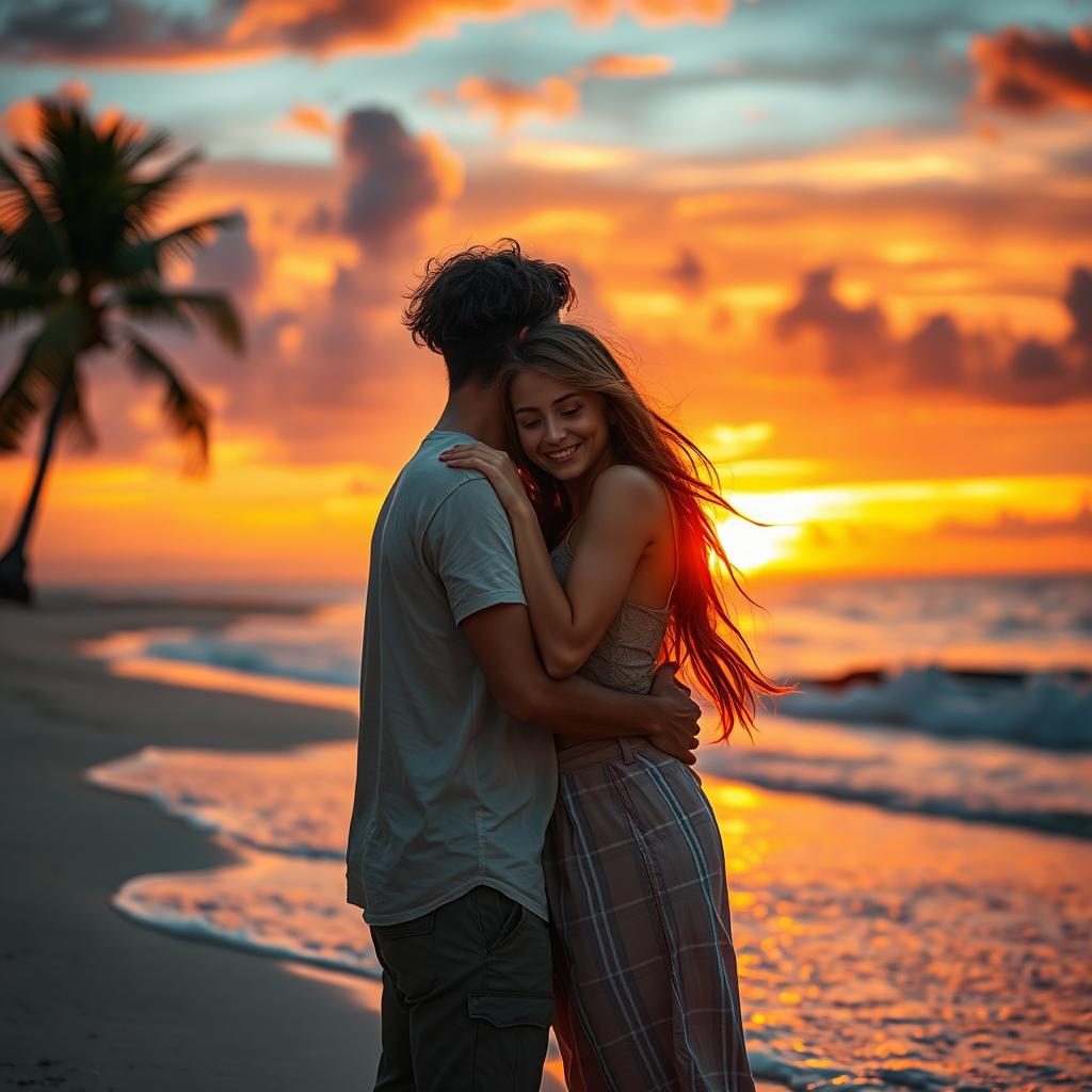 A poignant scene depicting the final moments of a romantic relationship, set in a beautifully lit, serene location during sunset