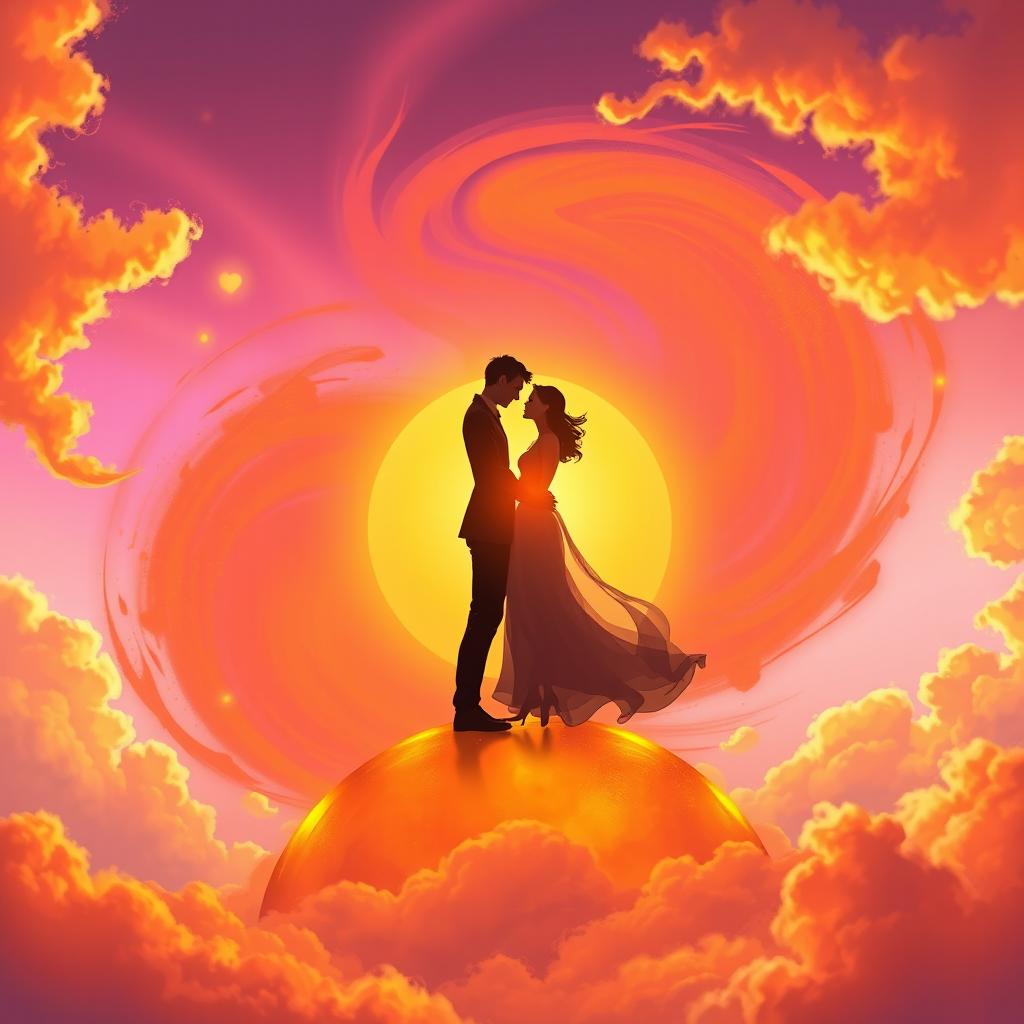 A romantic scene depicting a couple standing atop a vibrant sun, surrounded by swirling orange, pink, and purple skies, basking in the glow of the sunlight