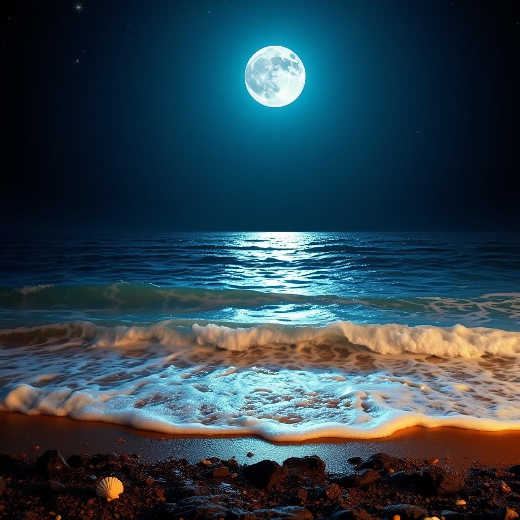 A captivating night scene of a vast ocean illuminated by the light of a full moon