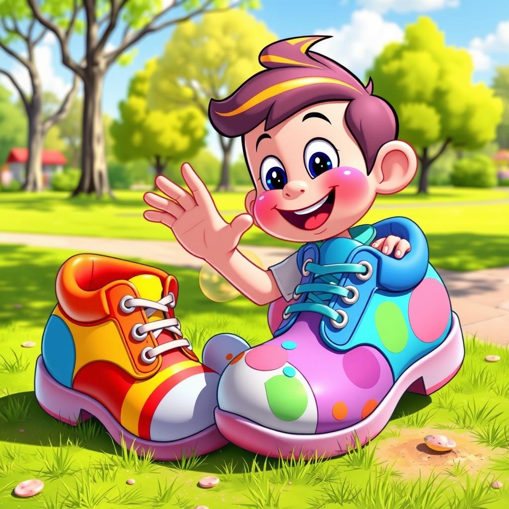 A playful and whimsical scene featuring a colorful cartoon character, playfully interacting with a pair of whimsical, oversized shoes