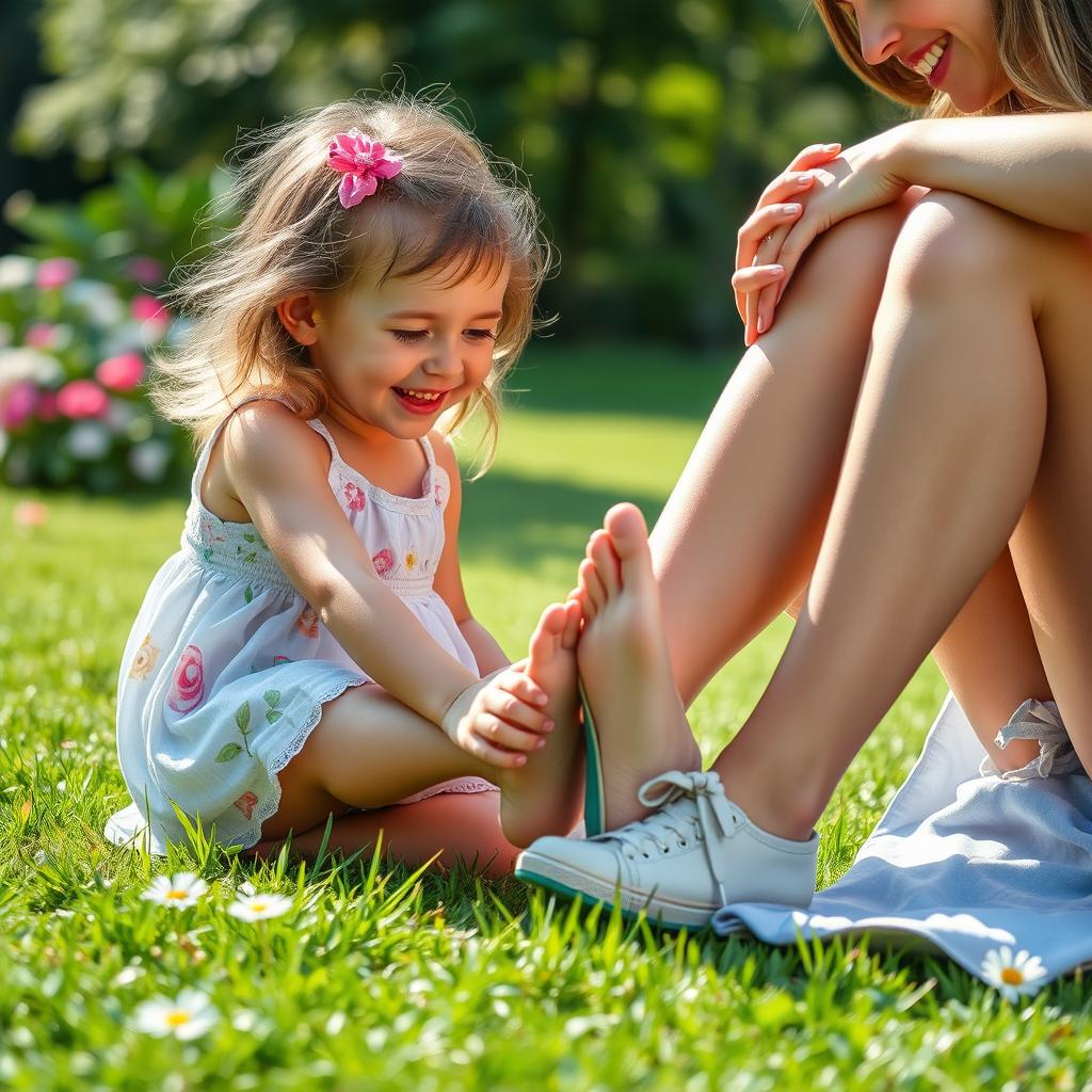 A stunningly realistic 4K image of a young girl playfully interacting with a woman's feet in a whimsical, innocent manner