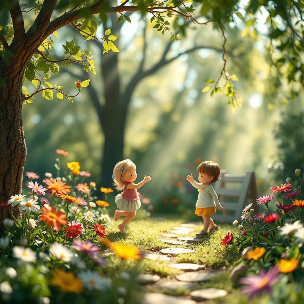 A 4K ultra realistic image featuring an abstract, imaginative representation of innocence and playfulness in a whimsical garden setting