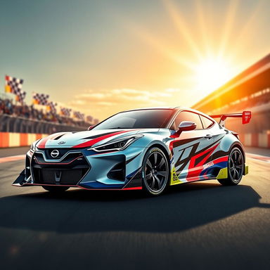 A sleek new Daihatsu racing sports car, showcasing a futuristic design with aerodynamic curves and a vibrant racing livery