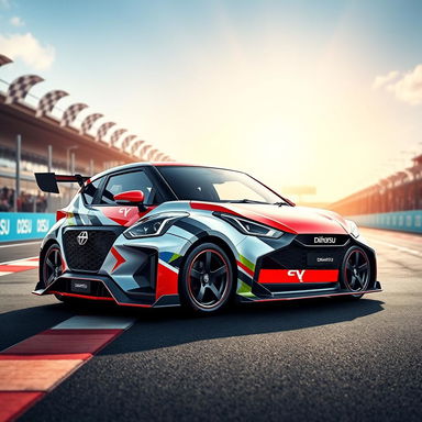 A sleek new Daihatsu racing sports car, showcasing a futuristic design with aerodynamic curves and a vibrant racing livery