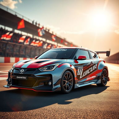 A sleek new Daihatsu racing sports car, showcasing a futuristic design with aerodynamic curves and a vibrant racing livery