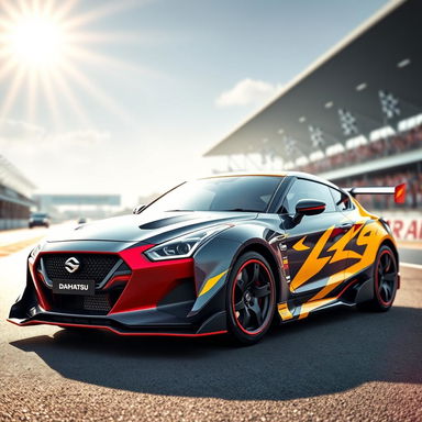 A sleek new Daihatsu racing sports car, showcasing a futuristic design with aerodynamic curves and a vibrant racing livery