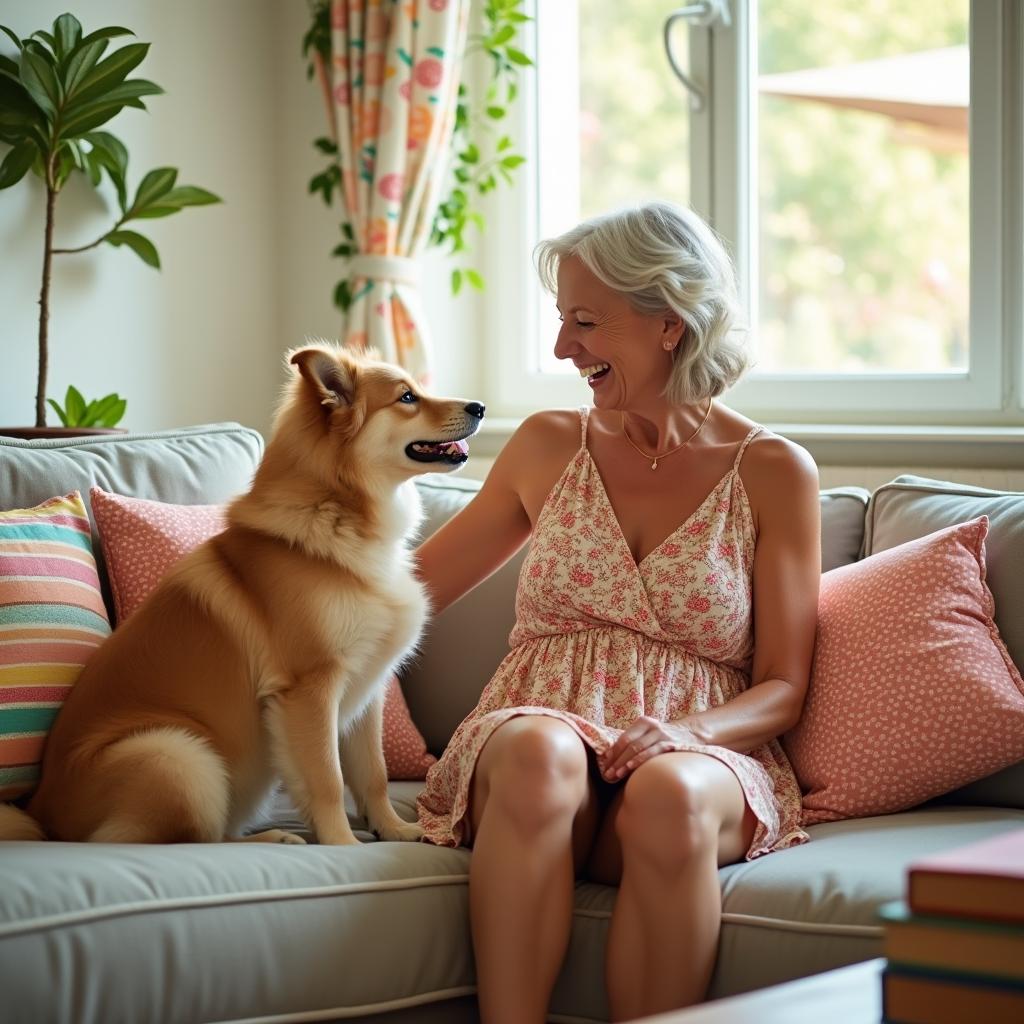 A playful scene portraying a mature woman sitting on a cozy couch, wearing a stylish summer dress, laughing joyfully as she playfully interacts with her playful pet dog beside her